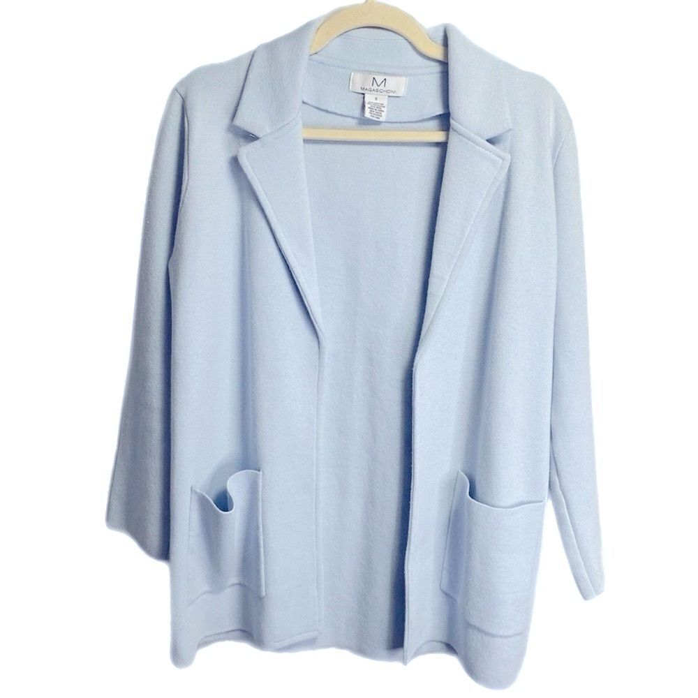 Magaschoni Light Blue Wool Open Front Duster Cardigan Sweater
